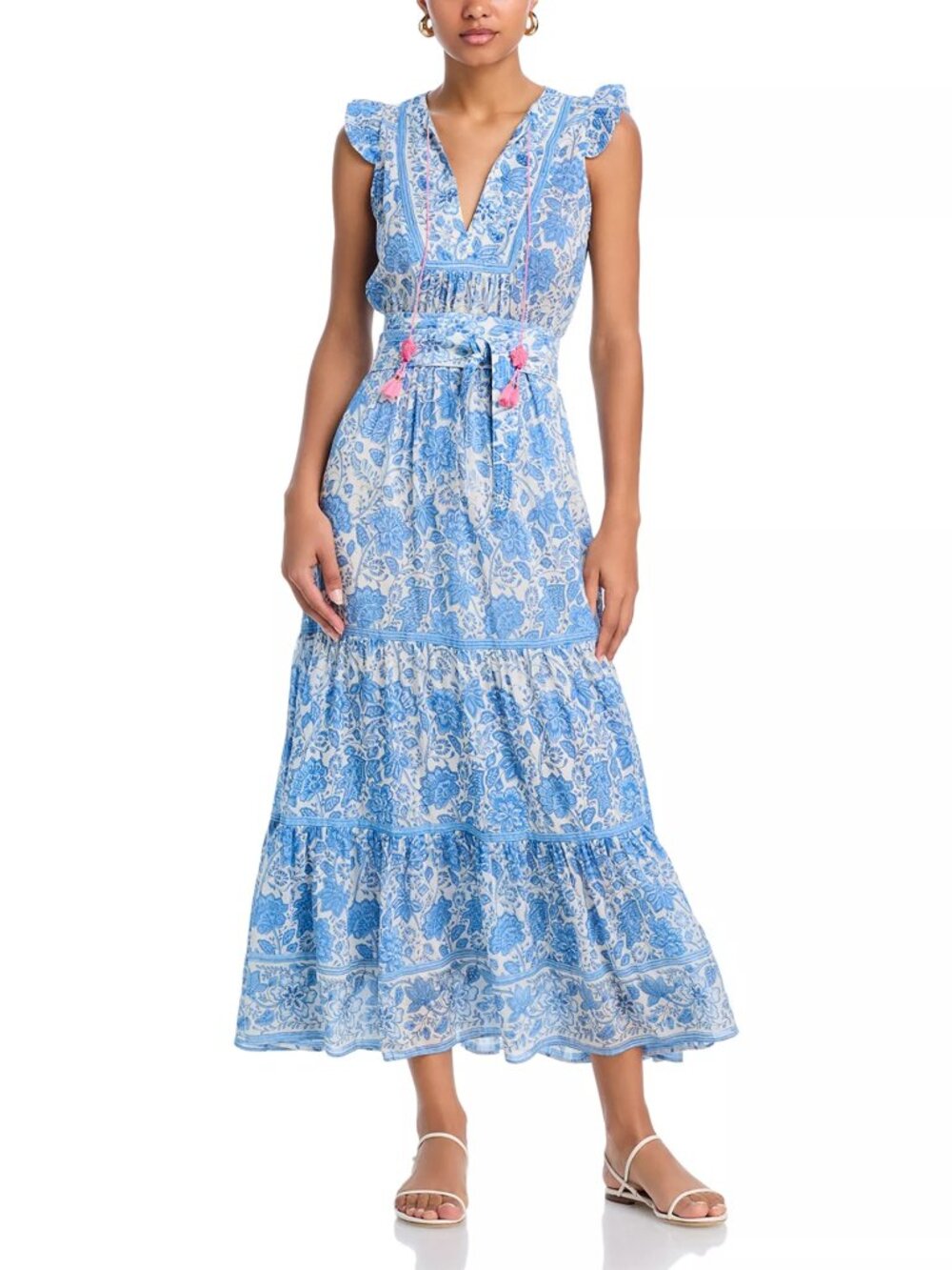 345$ Bell Lola Embroidered Bib Tiered Skirt Maxi Dress Size M Light Blue